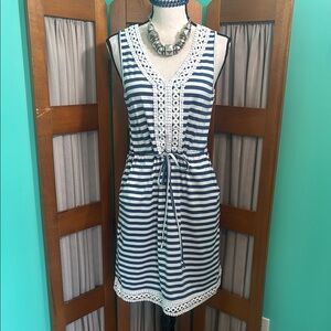 Striped Blue and White Lace Trim Dress